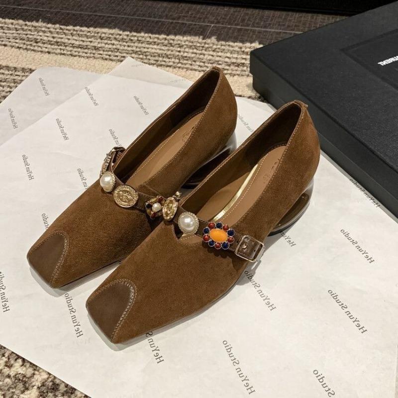 Fashion Beaded Mary Janes Shoes Women High Heels Retro Suede Loafers 2024 Trend Autumn Elegant Dress Chunky Pumps Luxury Zapatos Mujer