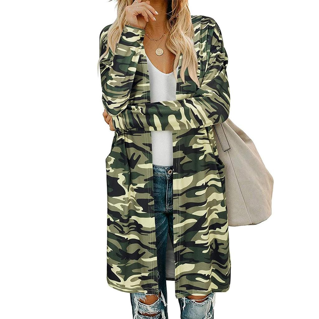 Women's Fashion Casual Printed Pocket Cardigan Medium And Long Coat