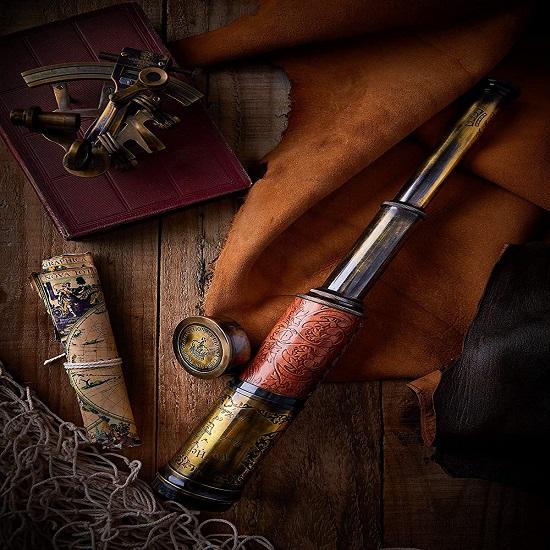 Телескоп ручной работы | Половина резьбы по коже | 20 дюймов | Функциональная винтажная копия латунного морского антикварного телескопа-подзорной трубы