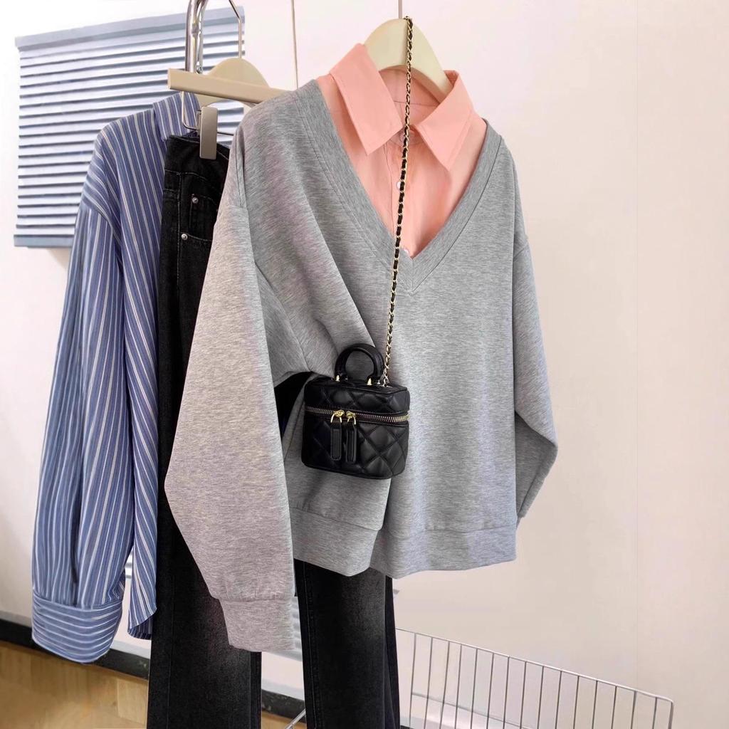 2025 Early Autumn Korean Style Grey Two-Piece Hoodie Jacket for Women, Loose Fit with Polo Collar