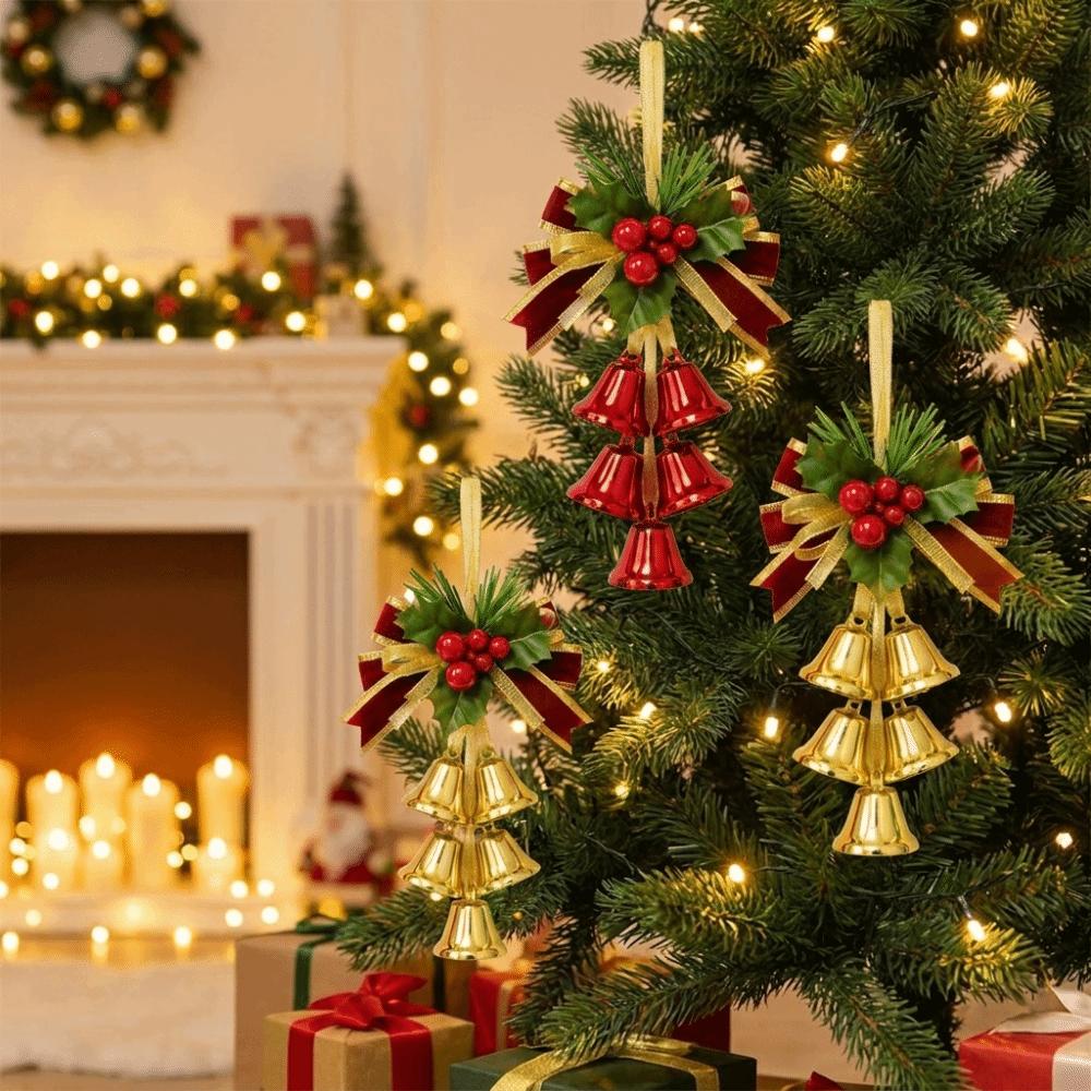 Velvet Bow Christmas Bell Pendant Artificial Pine Sprig Christmas Tree Bell Decoration Front Door