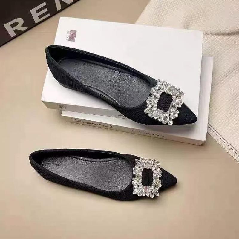 New Women's Buckle Rhinestone Shoes Design Sense Pointed Flat Bottom Fashion Celebrity Niche Single Shoes