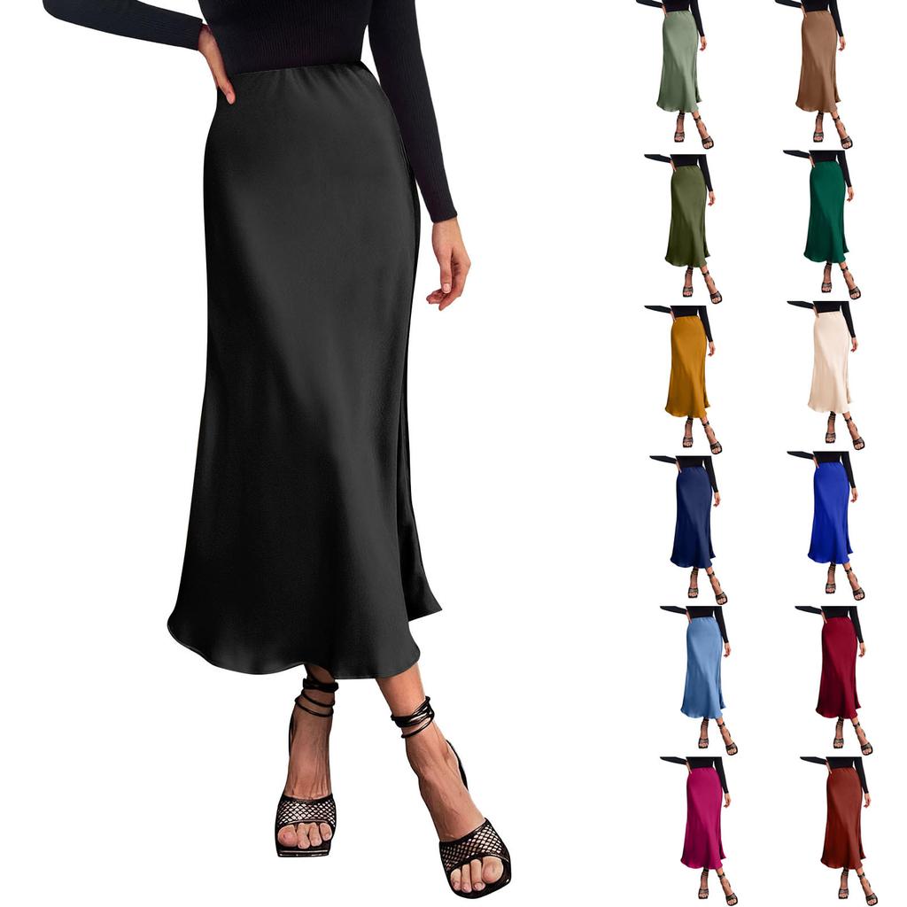 Женская атласная юбка-миди нарядная повседневная трапециевидная юбка с высокой талией и струящимися рюшами элегантные вечерние юбки