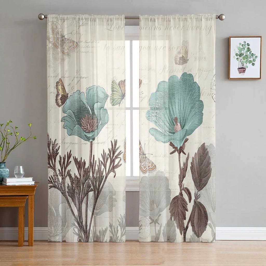 Vintage Tulip Flower Butterfly Sheer Curtains For Living Room Bedroom Kids Room Tulle Window Treatment Drapes