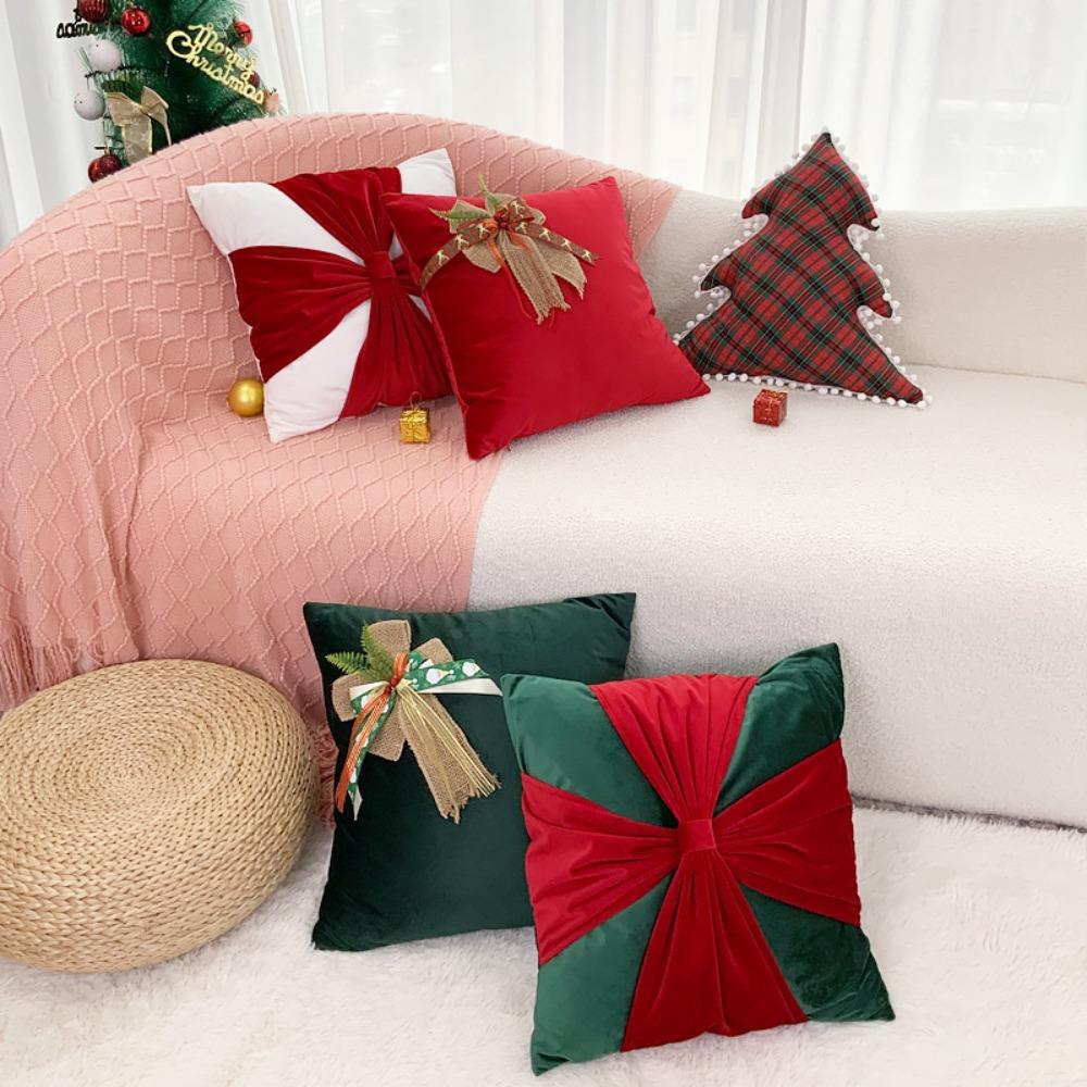 Cute Christmas Cushion Cover Square Bow Pillow Covers Durable Sofa Pillowcases Festive