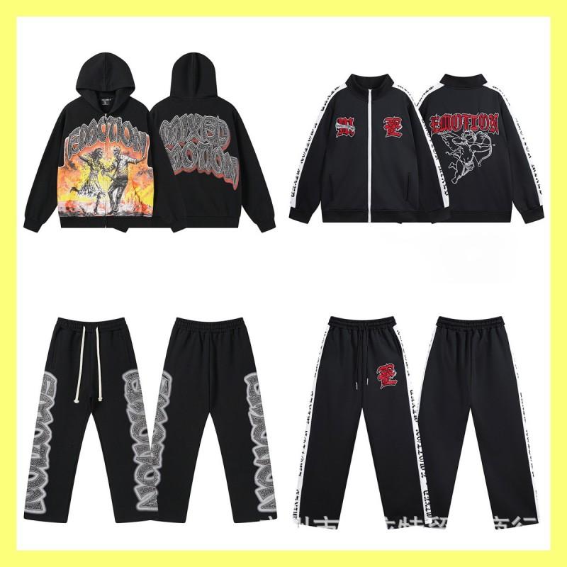 Mens Hooded Sweatshirt Pants Set Casual Loose Fit Letter Embroidery Rhinestone 2025