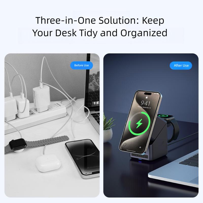 180 ° Electric Rotate 4-in-1 Magnetic Wireless Charger Clock for Magsafe iPhone 16-12 Apple Watch 10-2 AirPods Pro Fast Charging