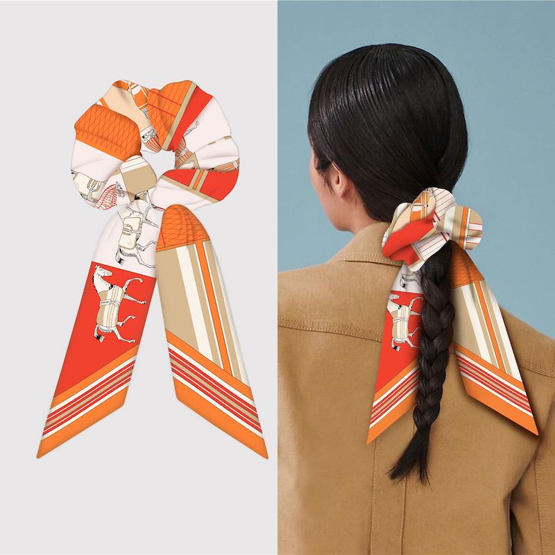 Шелковый платок для волос для девочки, эластичные резинки для волос, завязки, аксессуары, роскошный дизайн, принт с лошадьми, прическа «хвост», повязки для волос, лента