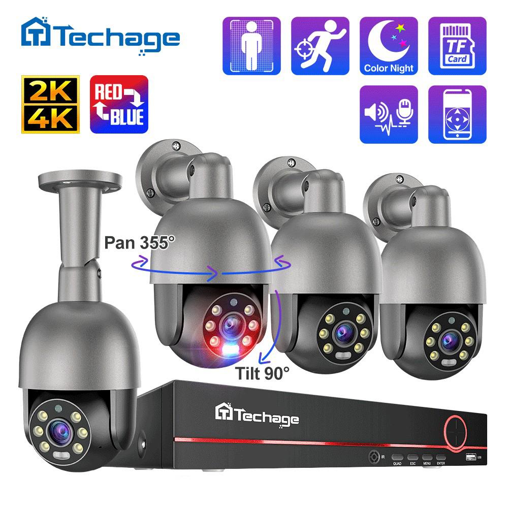 Techage 8-канальная 4-мегапиксельная PTZ-система безопасности POE IP-камера Открытый AI Обнаружение человека Двустороннее аудио-видеонаблюдение NVR Комплект камеры