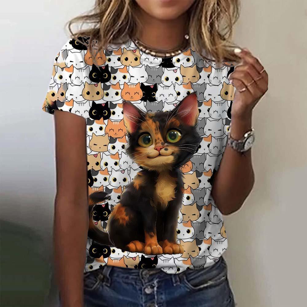 Женская футболка с короткими рукавами и принтом кота, повседневная, с 3D-узором для девочек на лето