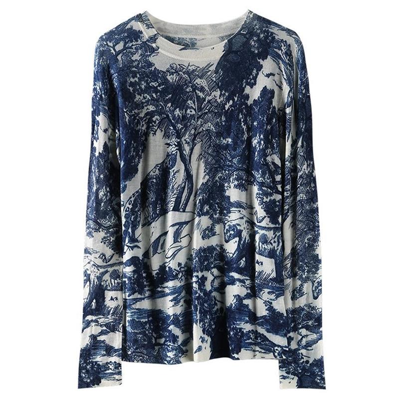 Женская корейская мода винтажный принт элегантный вязаный свитер Harajuku повседневный шикарный длинный рукав трикотаж тонкий базовый пуловер топы