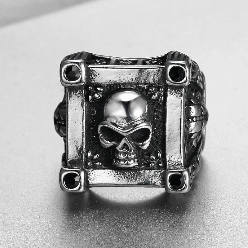 Vintage Gothic Jewelry Square Skull Biker Stainless Steel Rings for Men's Sizes 7-12