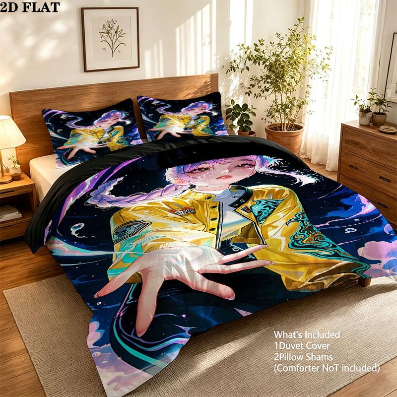 Kpop Demon Hunters Pattern Bedding Quilt Set Quilt Cover Pillowcase Home Birthday Gift(1 * duvet cover + 2 * pillowcase, without core)