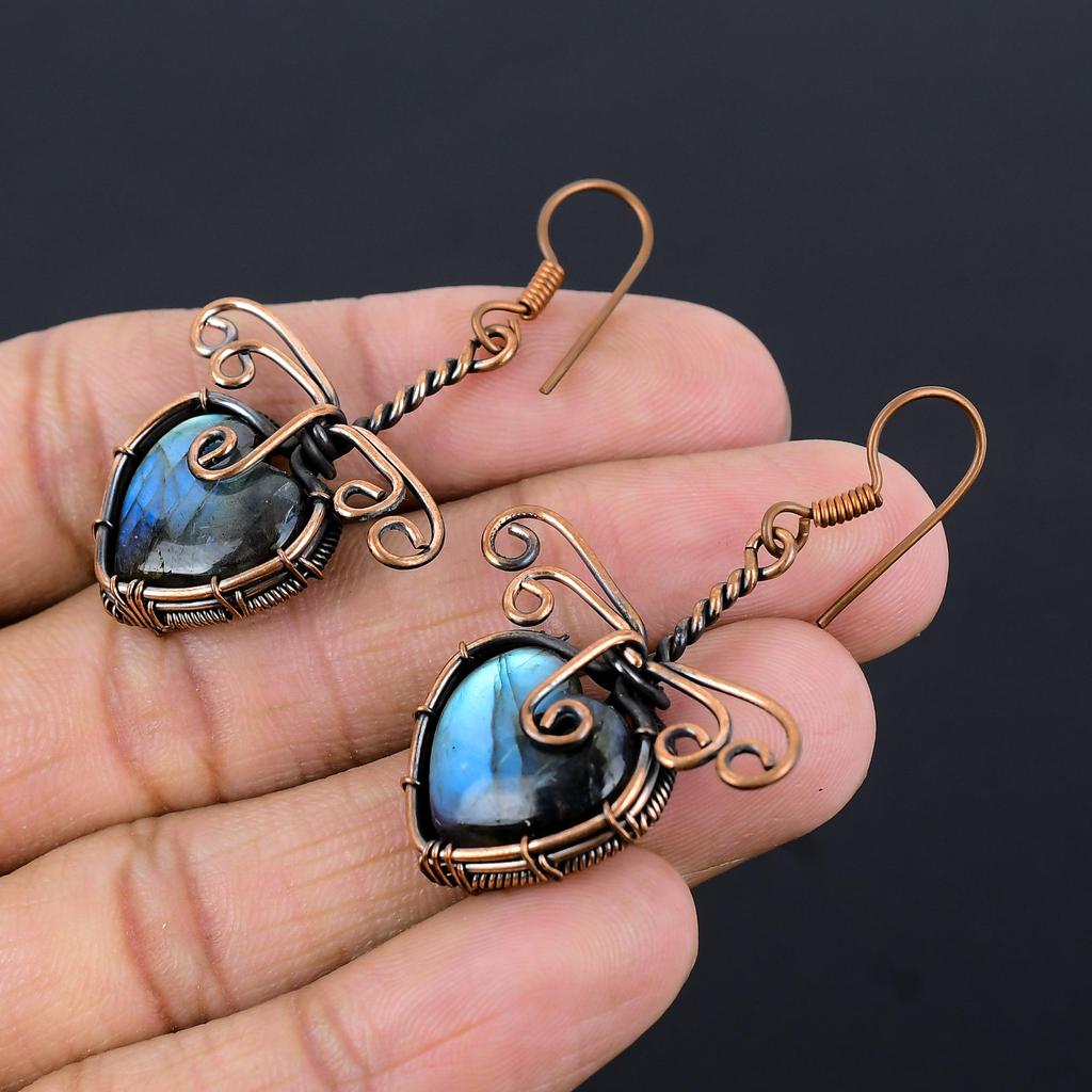 Серьги из лабрадорита, обернутые медной проволокой 999 пробы, Ювелирные изделия с драгоценными камнями ручной работы, Подарки для жены, Совершенно новые серьги