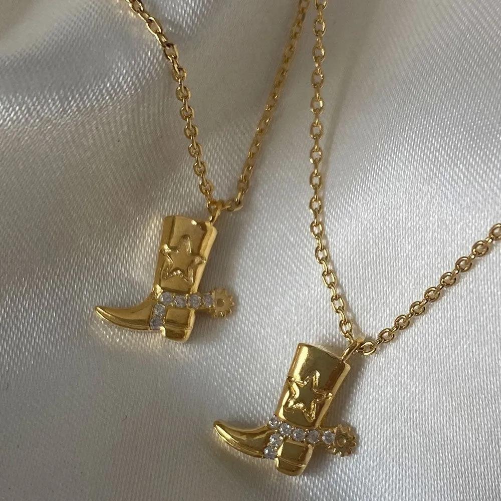 Stainless Steel Waterproof Cowboy Boot Choker Necklace Creative Cowgirl Hat Rhinestone Star Pendant Polished Gold Color Jewelry