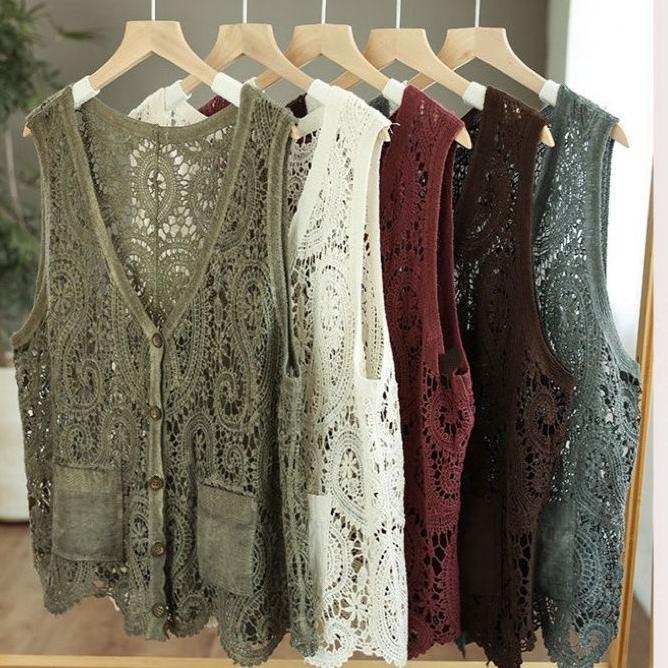 Летний женский кружевной жилет, свободный кардиган с вырезом, жилет в богемном стиле из хлопка с V-образным вырезом, тонкая верхняя одежда