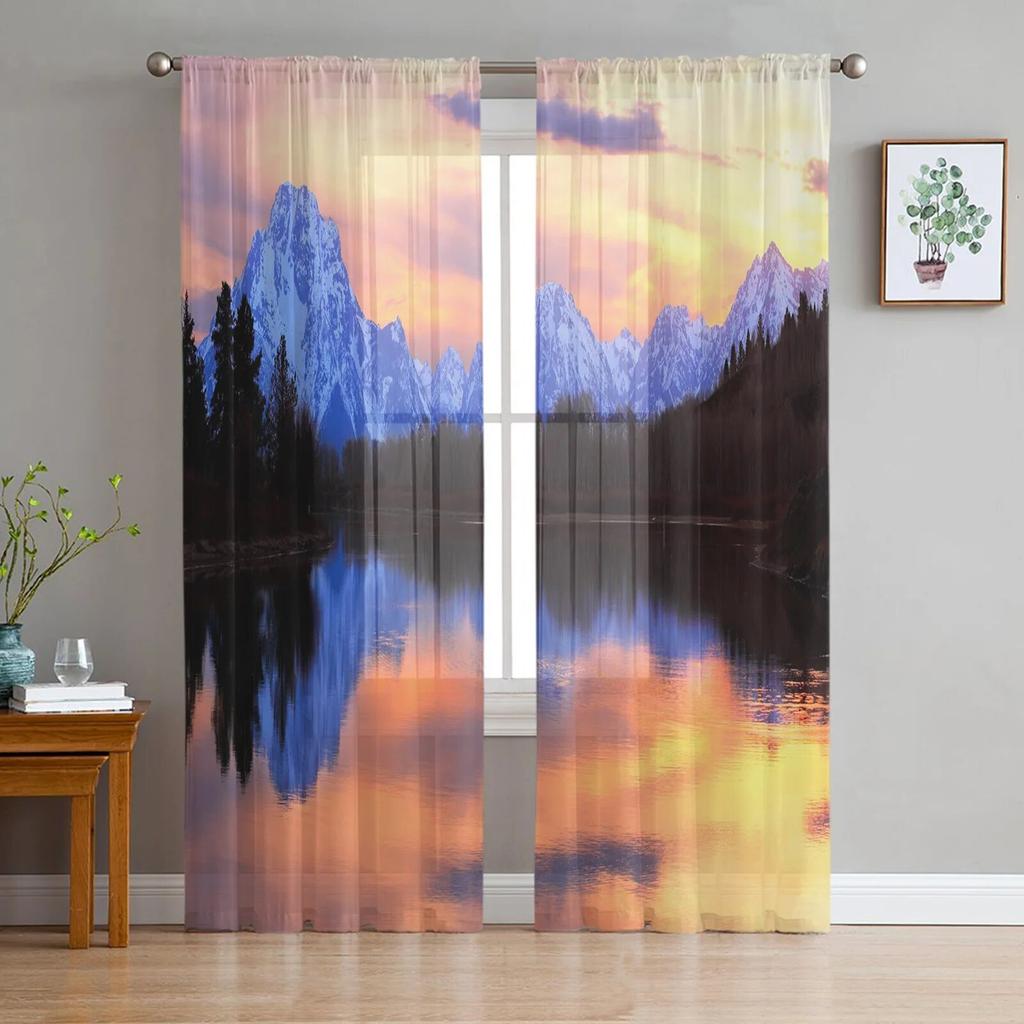 Sunset Park Lake Mountain Tulle Curtains for Bedroom Hall Living Room Decor Chiffon Curtain for Balcony Kitchen Home Drapes