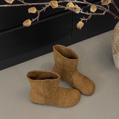 Версия из мягкой кожи~ Корейская версия модных тонких ботинок с круглым носком в стиле ретро женские 2025 новые осенние рукава на плоской подошве универсальные короткие ботинки