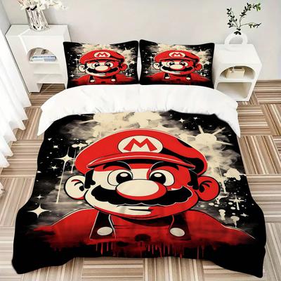 3 шт. Комплект постельного белья с рисунком Super Mario, 1* Пододеяльник + 2* Наволочки, Печатный комплект постельного белья, Мягкий и удобный, Подходит для спальни и G