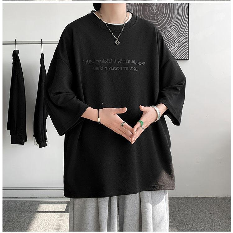 Летняя тонкая футболка с короткими рукавами, мужская толстая рубашка большого размера с пятью точками рукава, корейская драпировка, топы из ледяного шелка с половиной рукавов