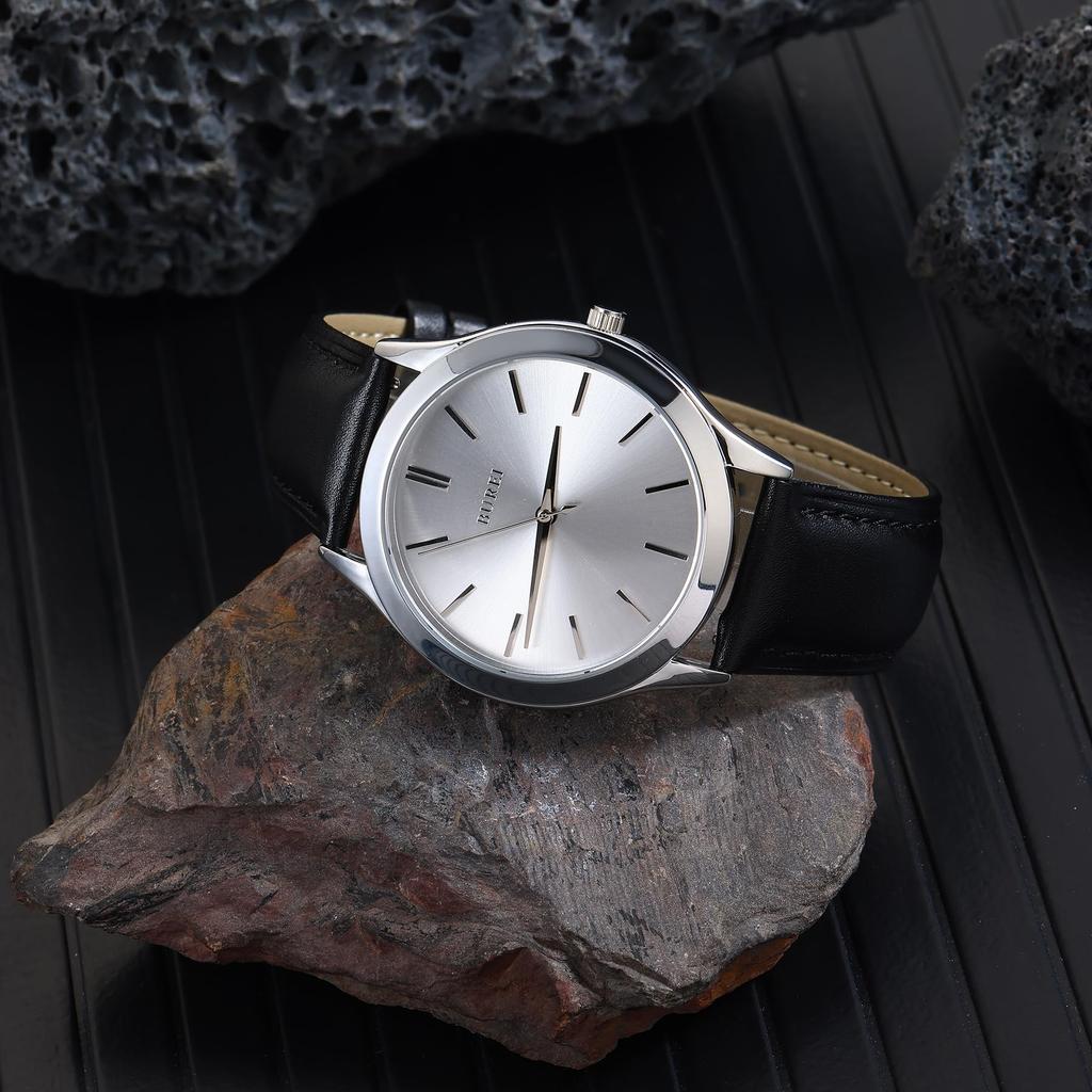 BUREI Аналоговые Кварцевые Кожаные Подарочные Мужские Часы, Водонепроницаемые, Популярные, Простые, Стильные, Деловые, Повседневные, Ремешок, (Серебристый, Черный, Кожаный)