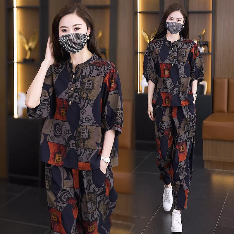 Летний женский модный костюм больших размеров, женский повседневный костюм-двойка с короткими рукавами и принтом, шаровары