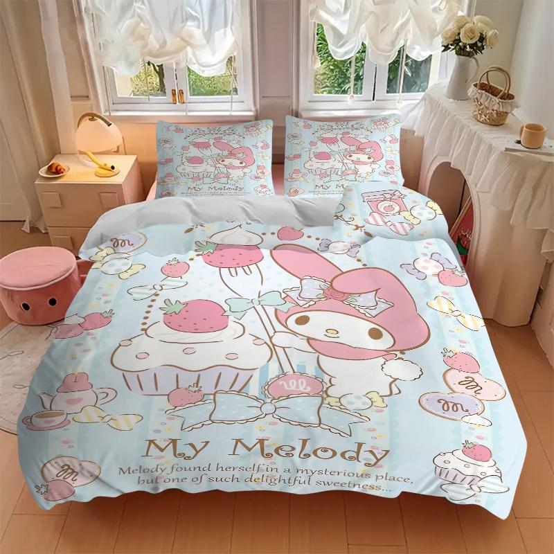 3 шт. Набор пододеяльников с клубничным тортом и Мяу Мелоди Sanrio - Мягкое и уютное постельное белье для спальни, гостевой комнаты и общежития, 3-предметный набор 1 пододеяльник