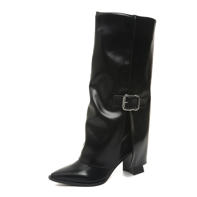 Женские Высокие Сапоги Модные На Высоком Каблуке С Острым Носом 2026 Дизайнерские Кожаные Сапоги До Колена С Металлической Пряжкой Женские Mujer Botas