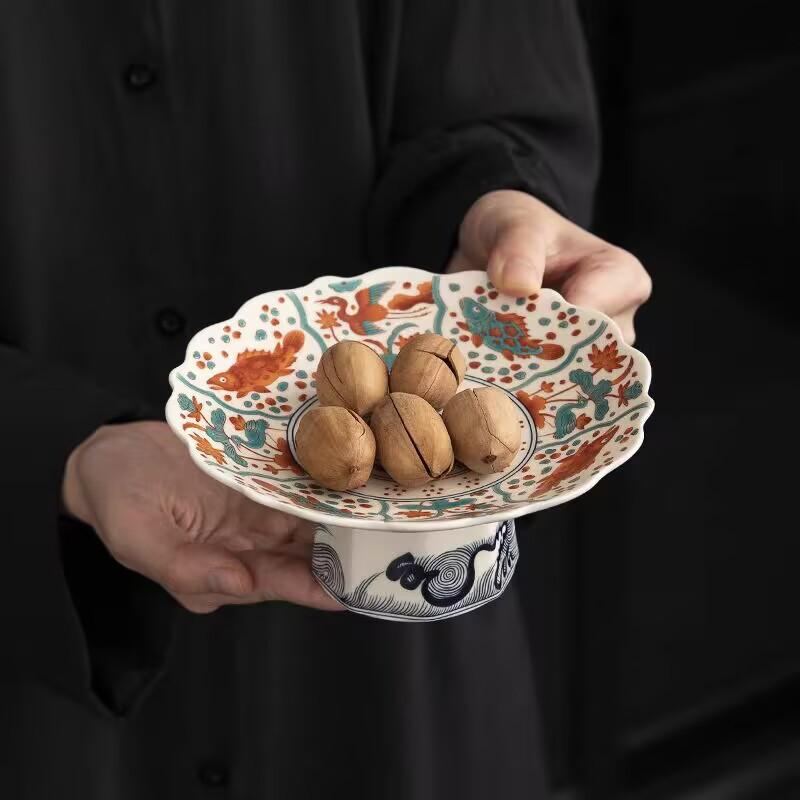 Китайская фруктовница для дома гостиной журнального столика закусок высокая тарелка керамическая национальный стиль тарелка для угощений сервировочная тарелка