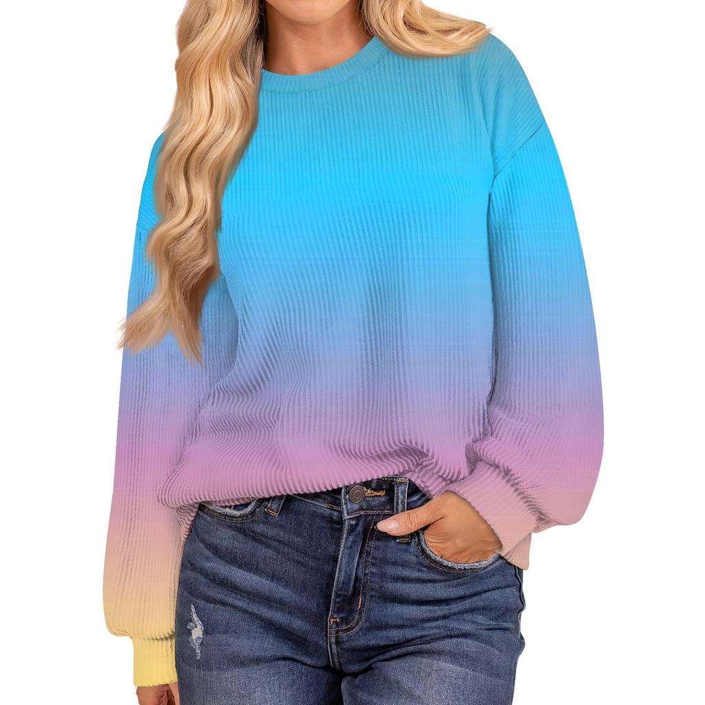 Женские повседневные свободные туники, топы с круглым вырезом, трикотажные ребристые рубашки с принтом, длинный рукав, пуловер, топ