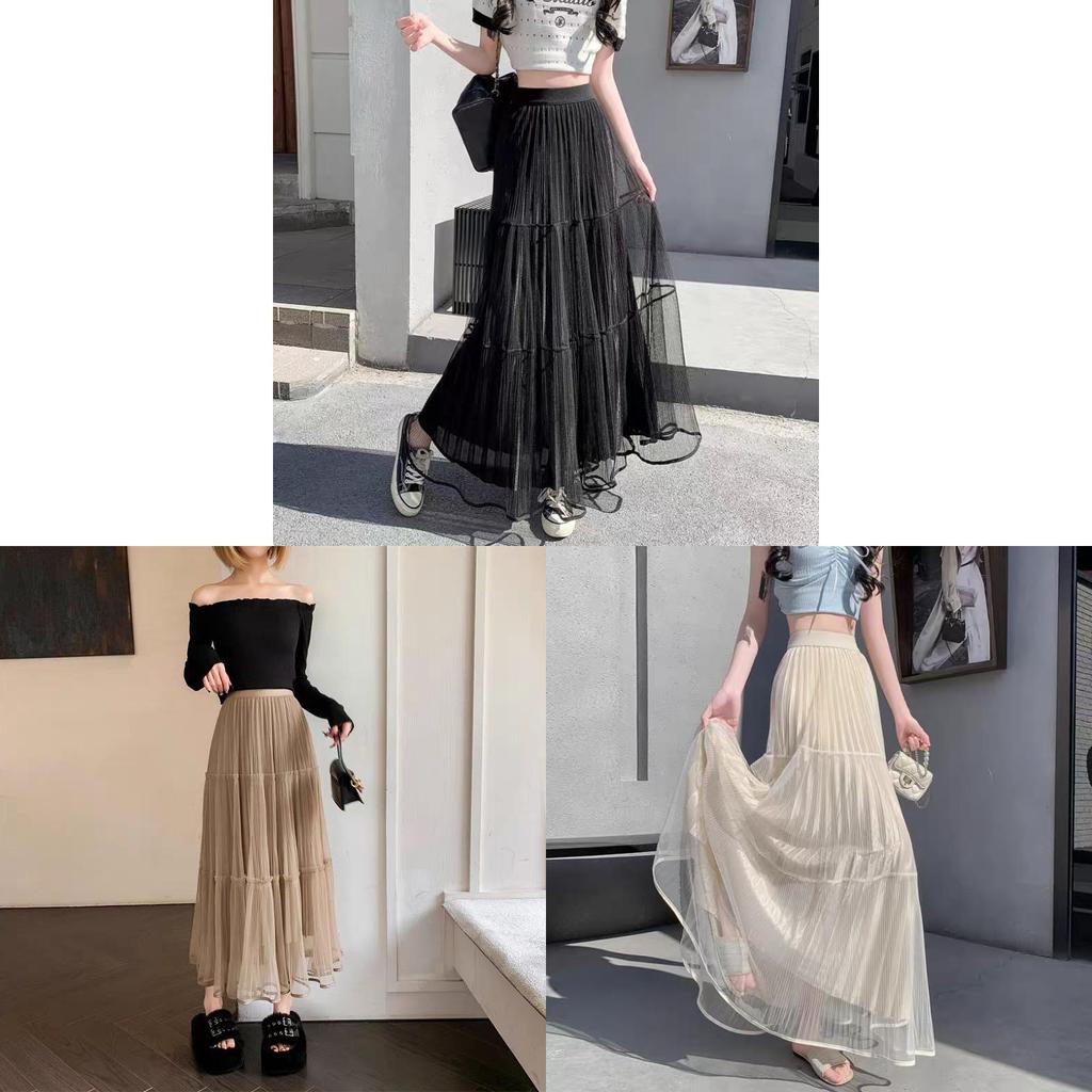 Cotton Blend Mesh Maxi Skirt With Pleats For Summer Casual Women