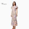 Women Fishtail Dress Round Neck Puff Short Sleeve Embroidered 3D Flower Decor Midi Dress Hip Wrapped Long Dress