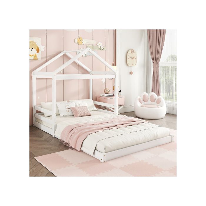 Lit d'enfant - MUVOE - 140 x 200 cm - Bois de pin et MDF - Design en forme de maison - Sommier inclus
