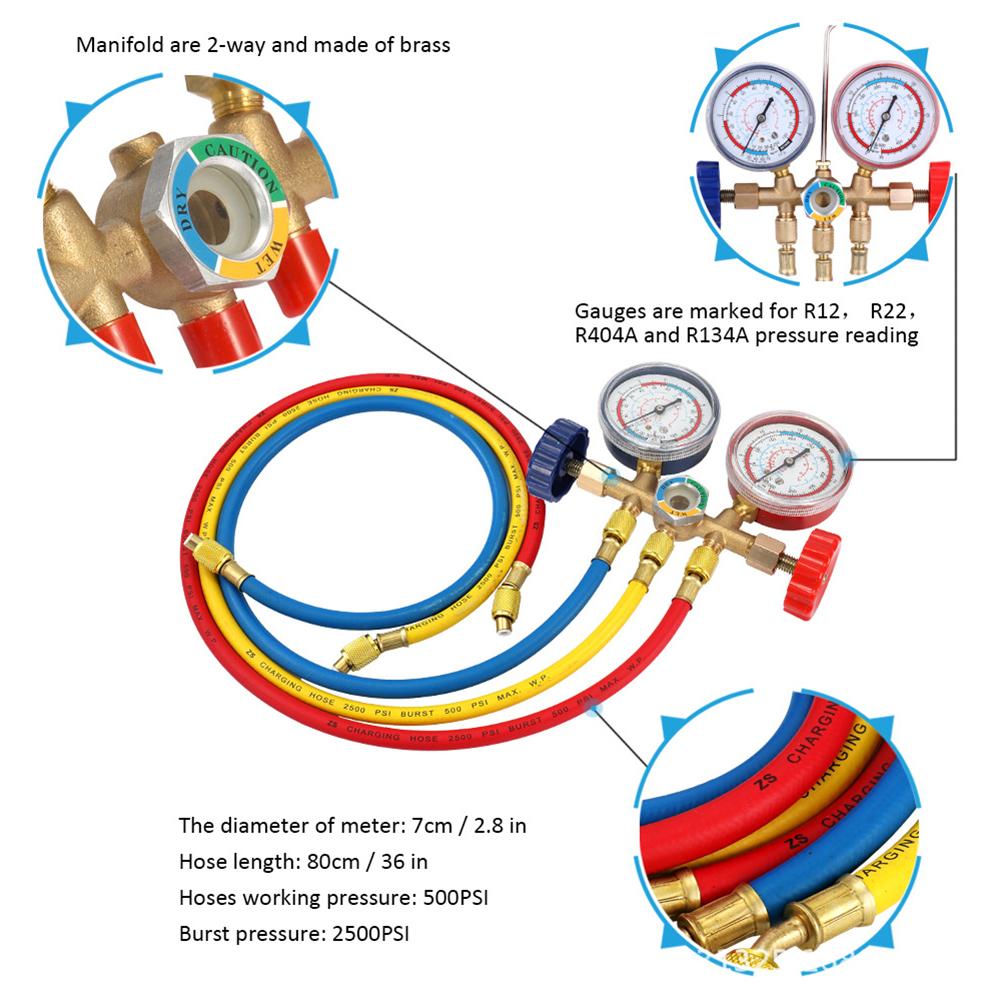 AC Diagnostic Manifold Gauge Set 3 Way A/C Refrigeration Charging Service Hose and Hook for R12 R22 R404A R134A