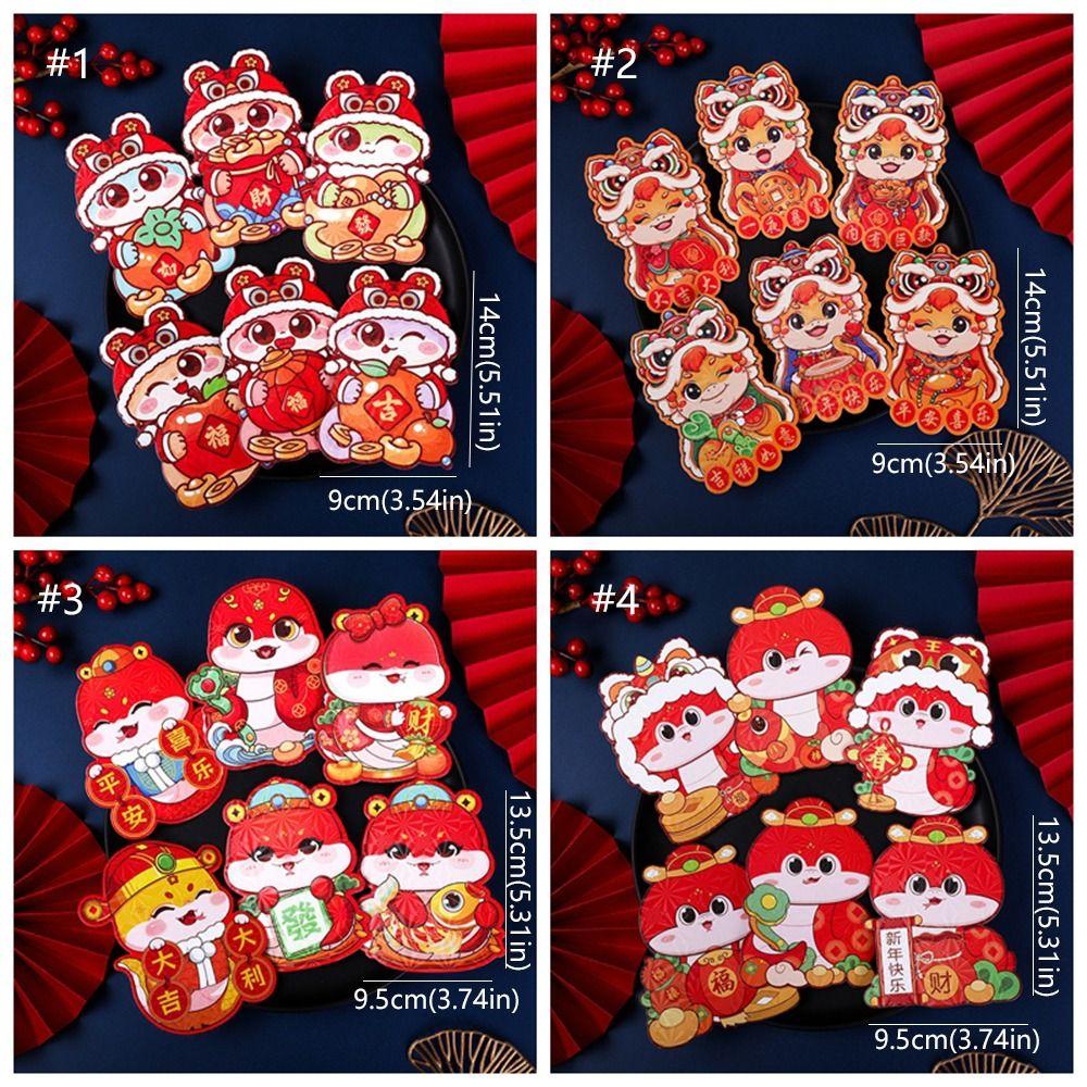 6 шт. традиционных красных конвертов на год Змеи 2025 года, лазерные красные пакеты на удачу, свадьба, день рождения