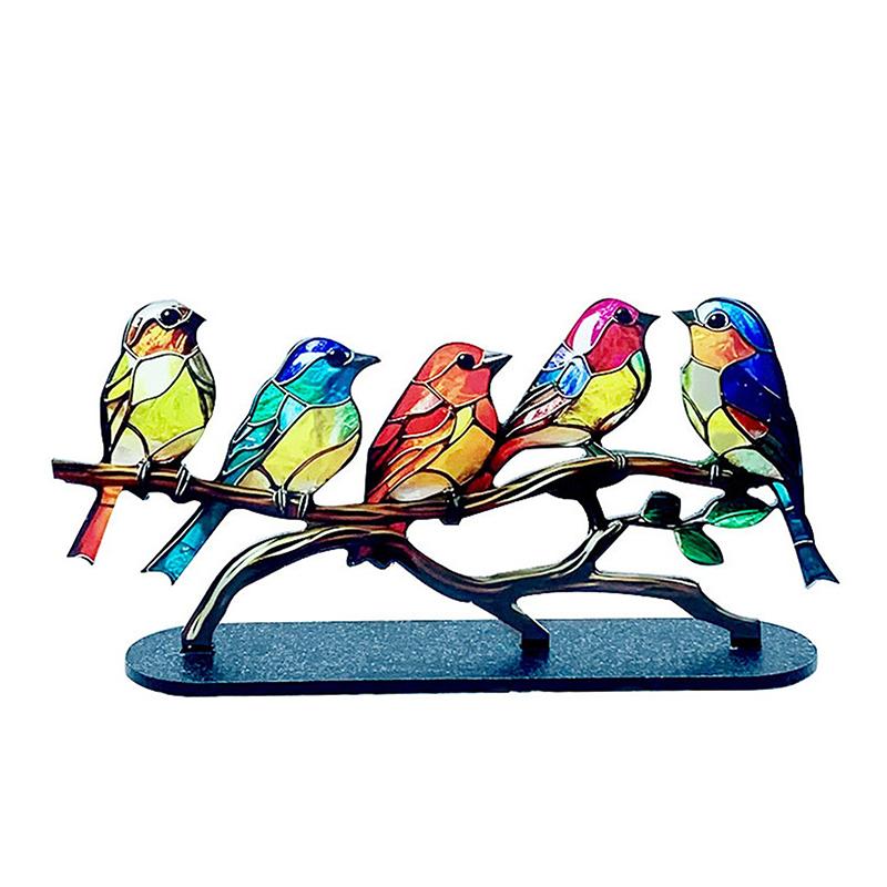 Stained Acrylic Birds On Branch Desktop Ornaments, Double Sided Multicolor Style Birds Craft Statue Desktop Ornaments