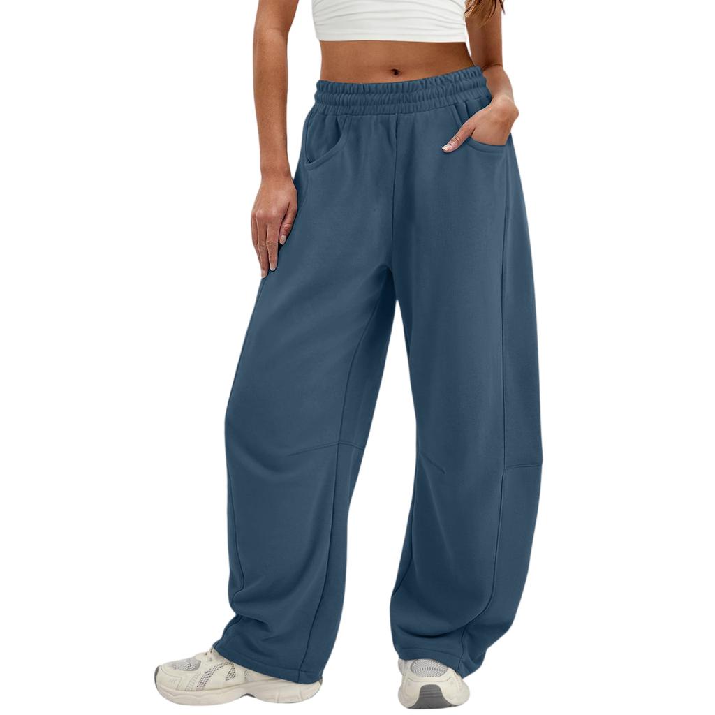 Women's Fashionable Solid Color Elastic Waist Pocket Casual Sweatpants Pants
