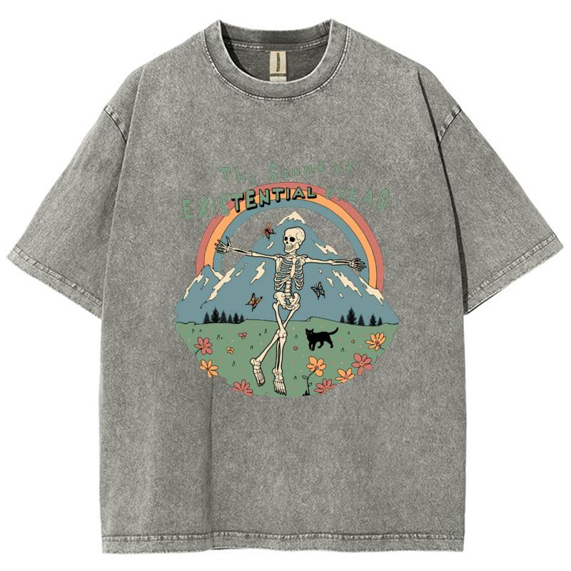 Skull Landscape Print Washed T-Shirt Large Couple Loose Wash Short Sleeve Medium Sleeve Crew Neck Dropped Shoulder