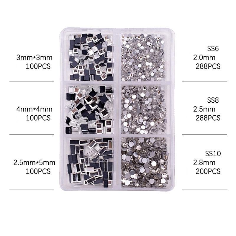 6 сеток/коробка, разные размеры, стразы с плоской задней стороной AB для ногтей, хрустальное стекло, драгоценные камни, ювелирные изделия с бриллиантами, аксессуары для украшения ногтей