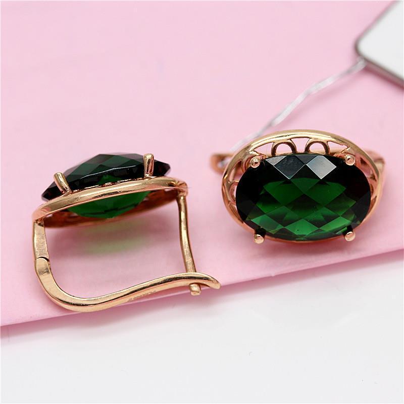 Серьги из фиолетового золота 585 пробы с зеленым камнем-кабошоном – Женские модные украшения в стиле легкой роскоши с золотым покрытием.