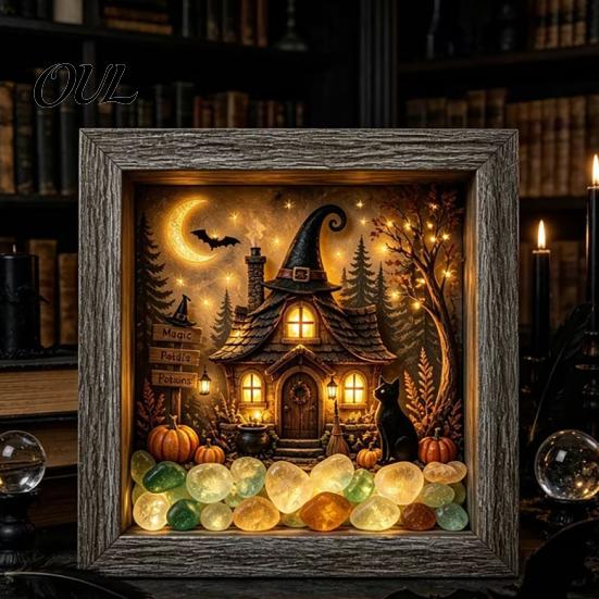Craft Gifts for Adults DIY Lighted Halloween Ghost Shadow Box Kit, Wooden Frame LED Warm Light, Gothic Bedroom Decor Memory with Crystal Glass Panel,