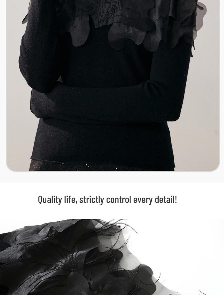 Кашемировый свитер с воротником-стойкой и вышитыми вручную цветами: На одно плечо, Сексуальный и Трехмерный дизайн с перьями