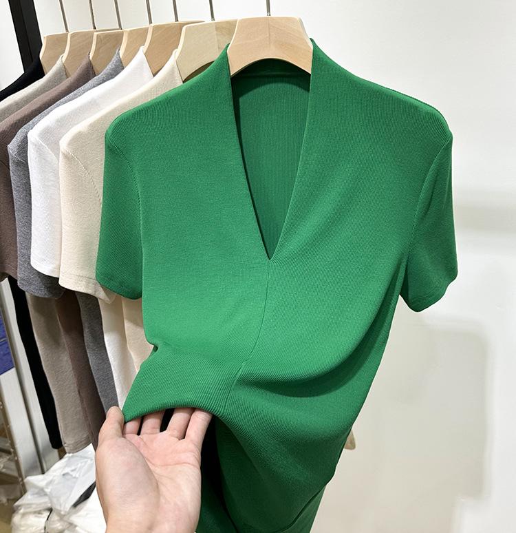 Модная футболка с V-образным вырезом, с короткими рукавами, женская летняя новинка, облегающий топ с рукавами до локтя