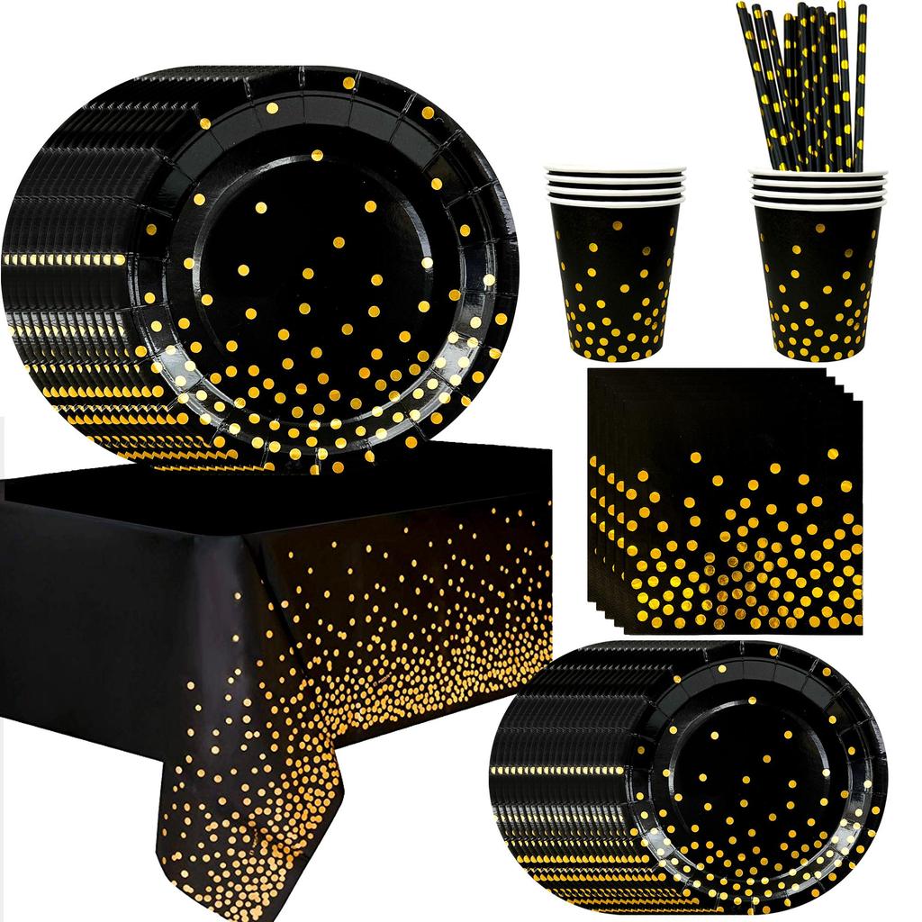 193pcs Black Gold Party Tableware, Black and Gold Dot Paper Party Tableware Set - Black and Gold Paper Plates and Cups Napkins Tablecloth etc