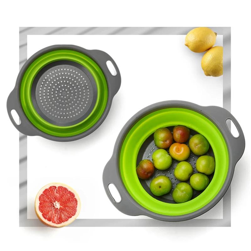 2-Piece Square Collapsible Colanders Set Kitchen Fruit & Vegetable Tools Silicone Strainers Basket Filter
