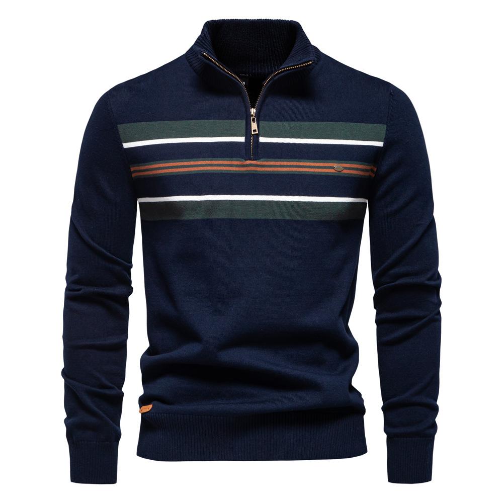 Men's Quarter Zip Up Long-Sleeve Sweaters Slim Fit Lightweight Mock Neck Pullover Casual Polo Sweaters Fall Winter Warm Striped Sweater for Men