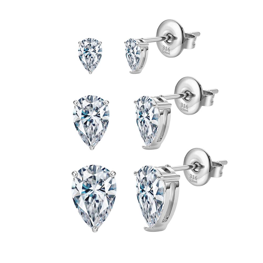 HTKE16 316 Stainless Steel Pear Shaped Cubic Zirconia Stud Earrings Multi Sizes Sparkle Ear Jewelry for Women Non Tarnish