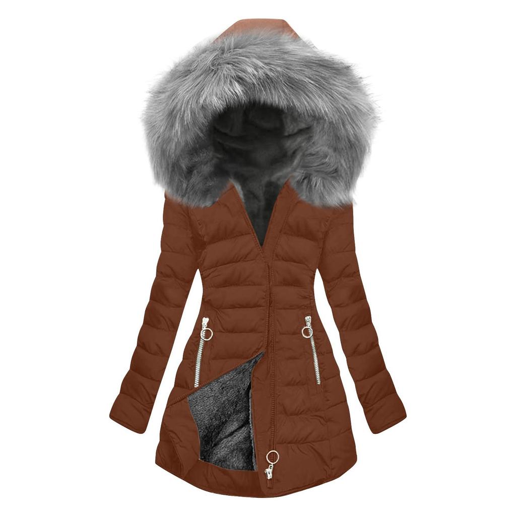 Women Hooded Plus Velvet Corduroy Coat Ladies Winter Cotton Coat Thickened Mid Length Warm Jacket