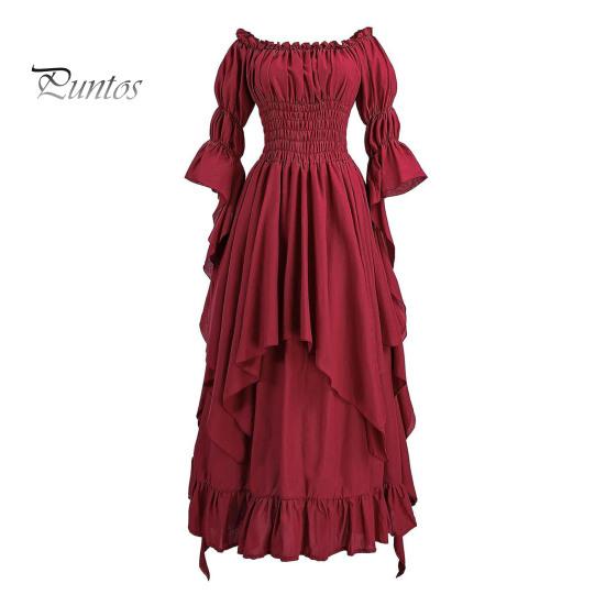 Платье на Хэллоуин Винтажное ренессансное средневековое викторианское пиратское платье Бальное платье для выпускного вечера с открытыми плечами и рукавами-колокольчиками с рюшами и плиссировкой Нерегулярный подол Макси-платье