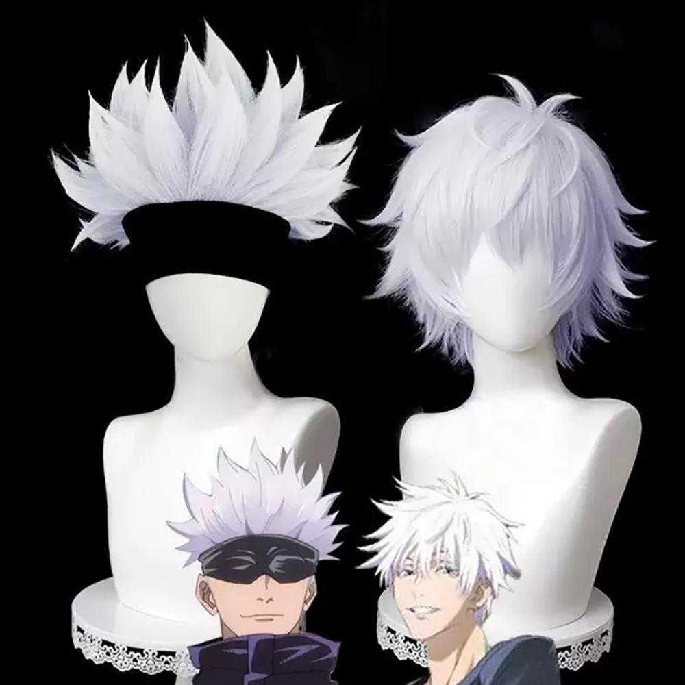 HAIRJOY Синтетические парики для косплея Jujutsu Kaisen Годжо Сатору Короткие кудрявые белые парики для косплея Розовая сетка